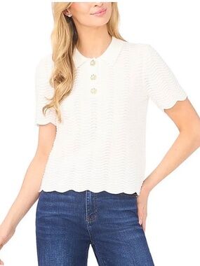 CeCe Knit Point Collar Short Sleeve Scalloped Embellished polo.XL